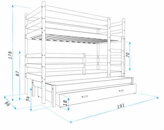 Łóżko JACEK 3 białe Kolor - Błękit